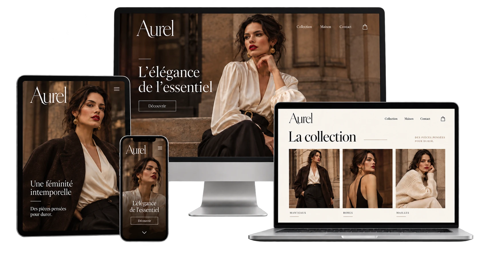 Web de Aurel, marca de moda en París, vista en ordenador, tablet, móvil y portátil